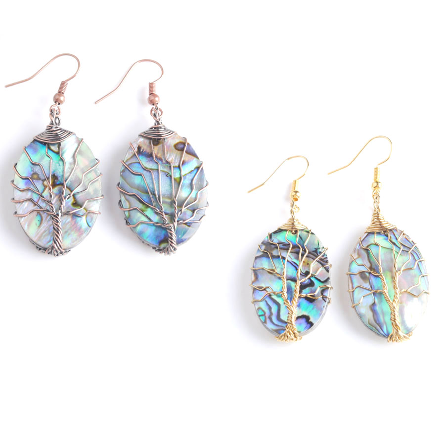 WOJIAER Natural Abalone Shell Pearl Dangle Earrings Women's Tree of Life Oval Drop Earring Cute Gifts Charm Jewelry BV907