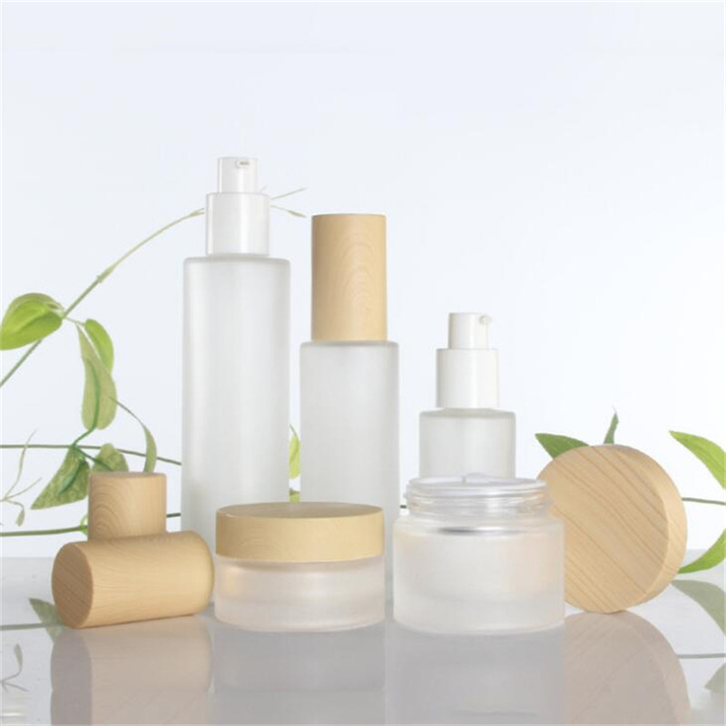 20ml 30ml 40ml 50ml 60ml 80ml 100ml Frosted Glass Cream Jar with Imitated Wooden Lids Cap Lotion Spray Bottle Cosmetic Container Jars