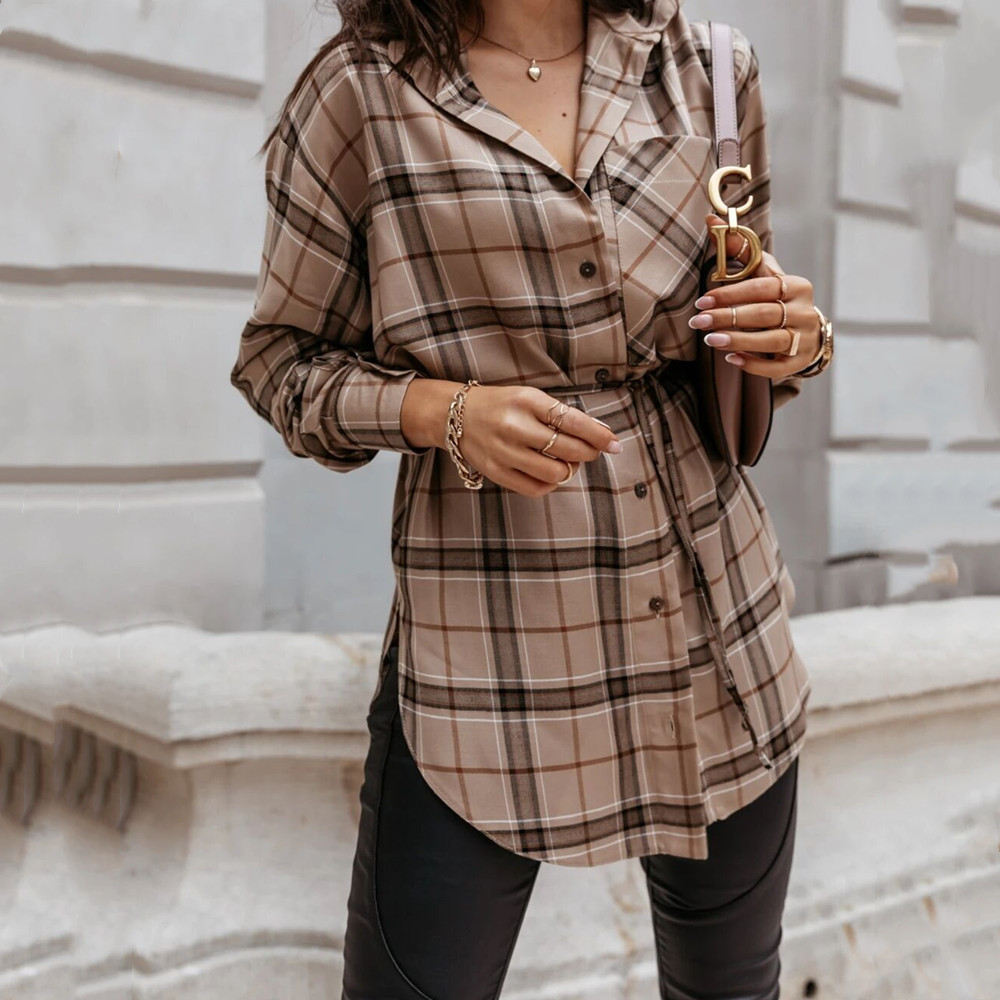 Women's Shirt Oversized Autumn Plaid Cotton Blends Long Sleeve Female Shirts Top Loose Single Breasted Plus Size Women Blouse 210225