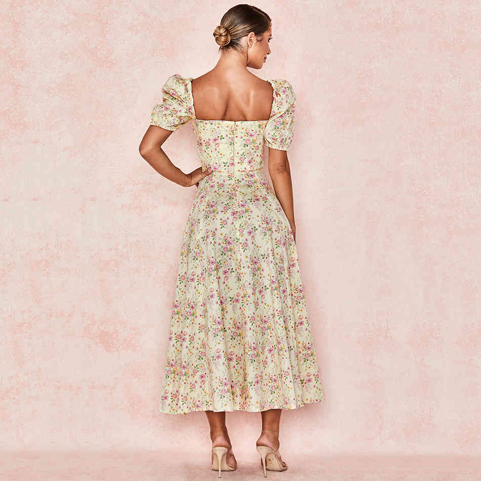 Summer Fashion A-line Print Ladies Floral Short Sleeve Square Neck Holiday Female Split Backless Sexy Party Dress 210525