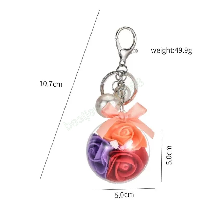 Fashion women Transparent Acrylic Ball Pendant keychains simulation rose flower Charms Pearl Lovely car bag Keychain Accessories