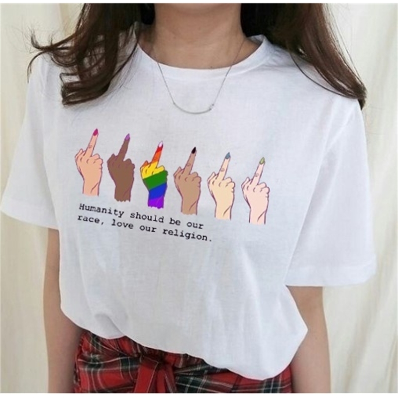 VIP HJN Humanity Should Be Our Race Love Our Religion Against Racial Discrimination Style LGBT Middle Finger Printed T Shirt 210306