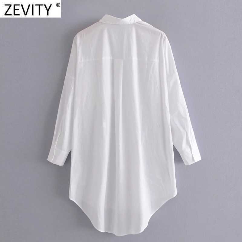 Zevity Women Simply Pocket Patch Casual Long Blouse Ladies Long Sleeve Business Shirt Chic Femme Breasted Blusas Tops LS7346 210603