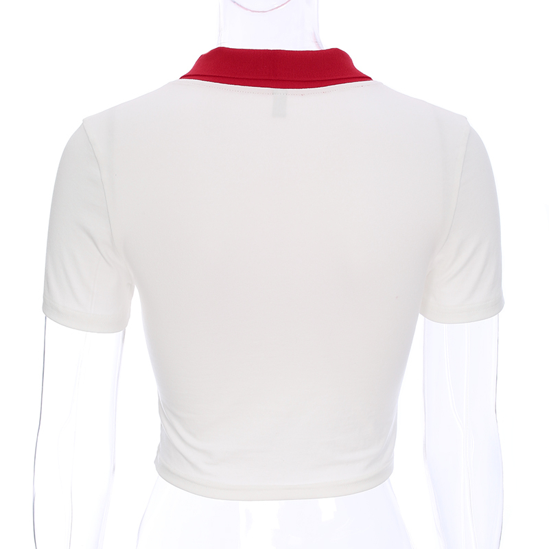 Rockmore Turndown Collar TShirt Women Short Sleeve Crop Top White Letter Print Skinny Tees Shirts Panelled Basic Tshirt Ladies T200614
