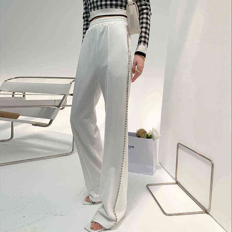 TWOTYLE White Casual Diamonds Pant For Women High Waist Solid Elastic Minimalist Pants Females Fashion Summer Clothing 211124