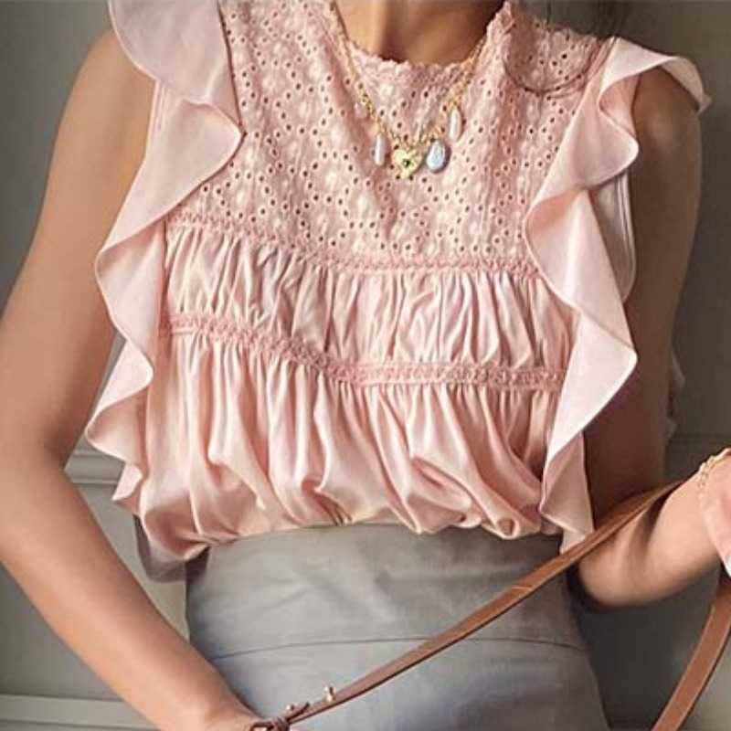 Ruffle Sleeveless Woman Tops Korean Elegant Lace Patchwork Blouse Shirt Summer Causal Blusas De Mujer 6J823 210603