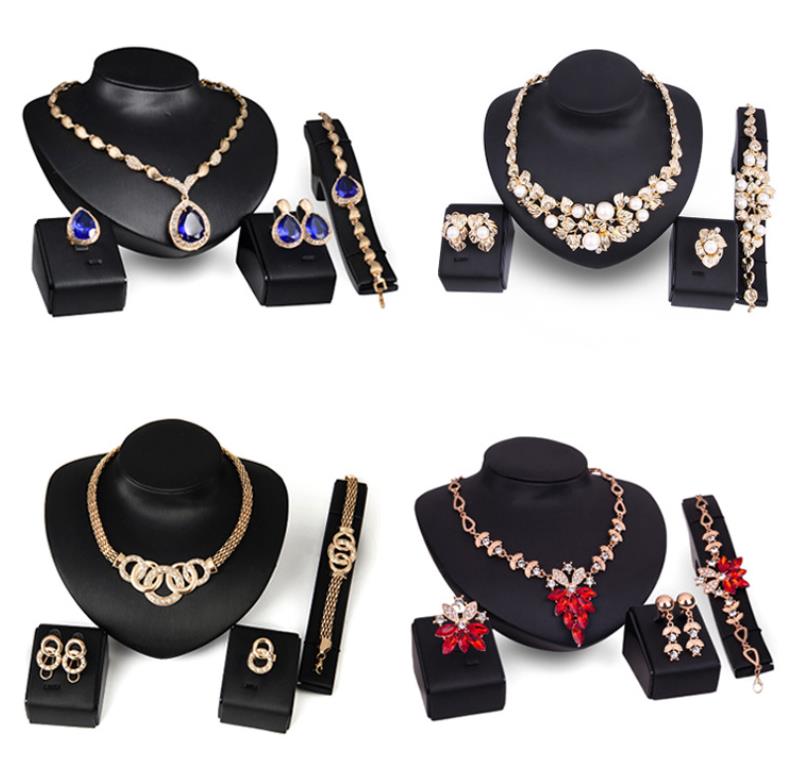 Wedding Accessories Women Bridal 18K Gold Plated Gem Crystal Necklace Bracelet Ring Earring Jewelry Sets 3Colors Qgw7L