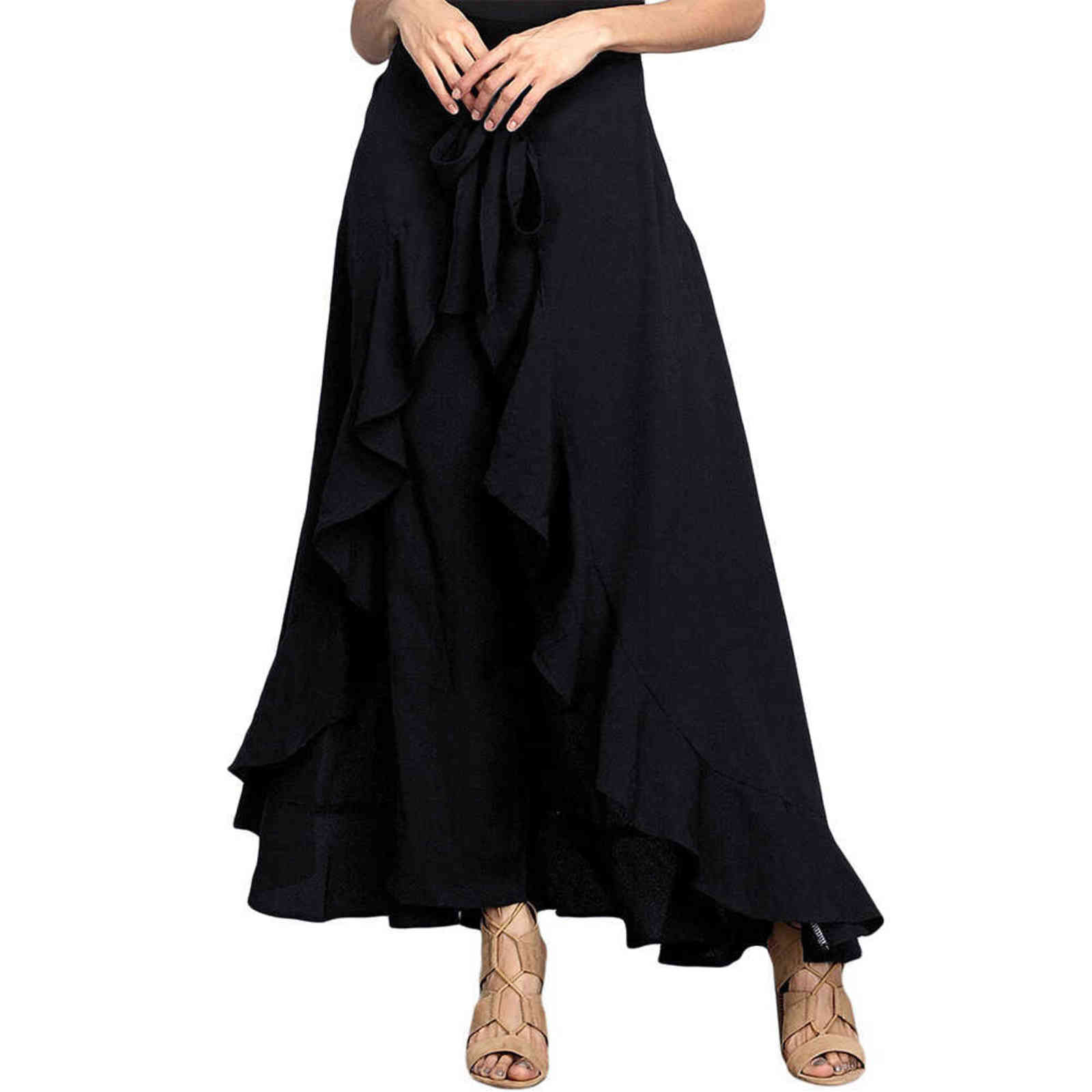 Women Pants Causal Ruffle Drawstring Trouser Elegant High Waist Irregular Loose Pure Color Autumn Female Pant Skirt 211115