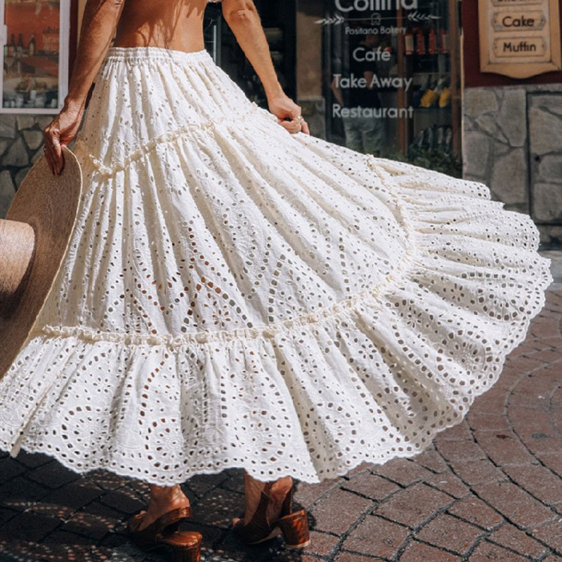 Maxi Lace Skirt Women 100% Cotton Casual Tassel Laceup Waist Elastic Hollow Out Long Skirts Summer Beach Holiday Skirt 210306