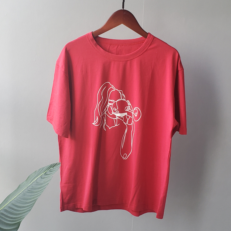 toppies summer t-shirts character printing tops tees solid color white t-shirts women drinking girls tops 210306