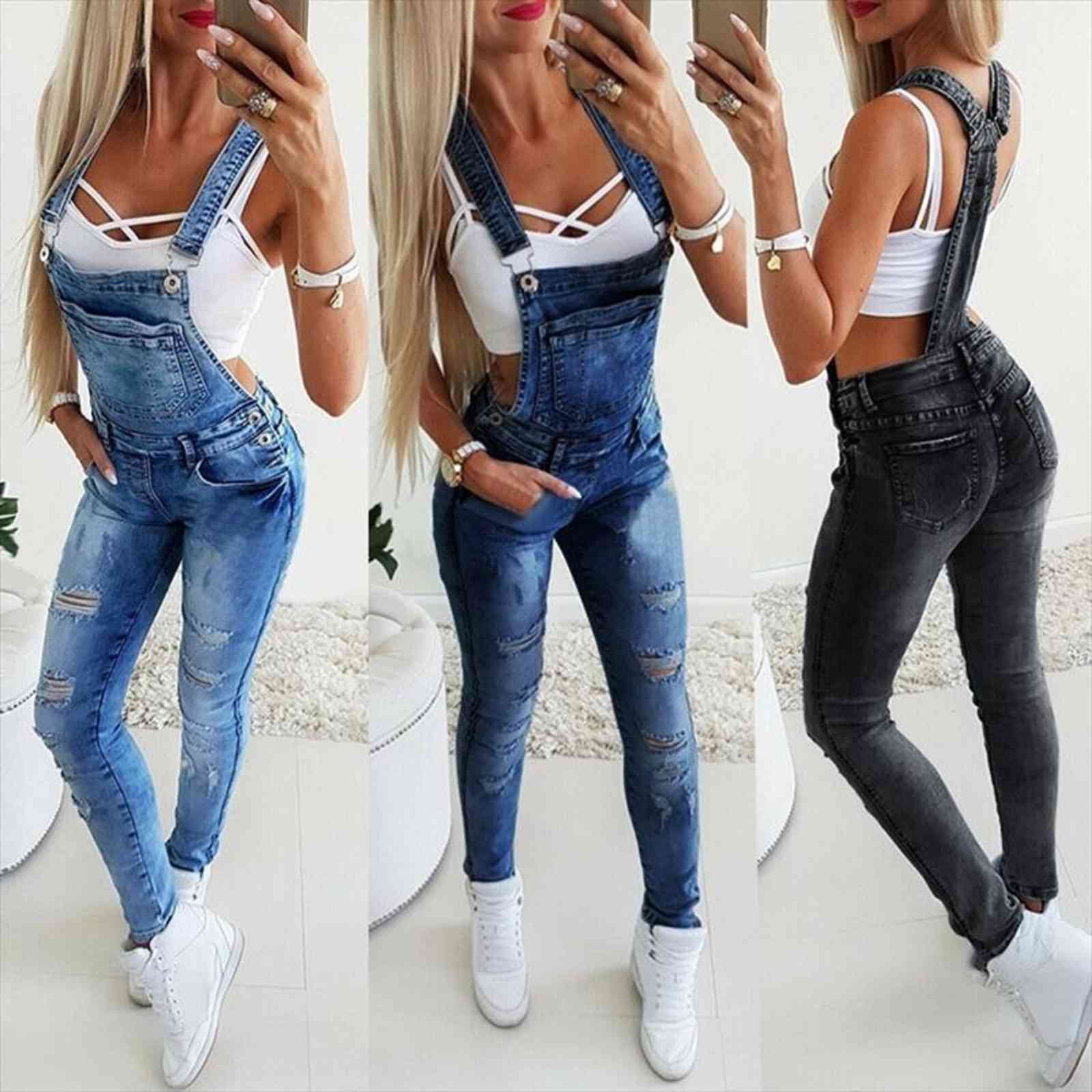 fashion pocket decor ripped womens jeans denim bib overalls one piece skinny leg distressed jumpsuits spring autumn wear, Blue
fashion pocket decor ripped womens jeans denim bib overalls one piece skinny leg distressed jumpsuits spring autumn wear, Blue