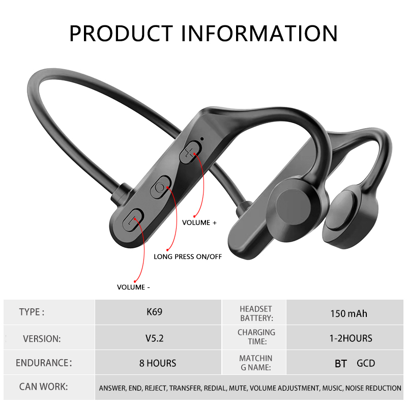 K69 Sound Conduction Bluetooth Earphones Wireless Sports Waterproof Headphones Handsfree Safe for Running Exercise Fitness