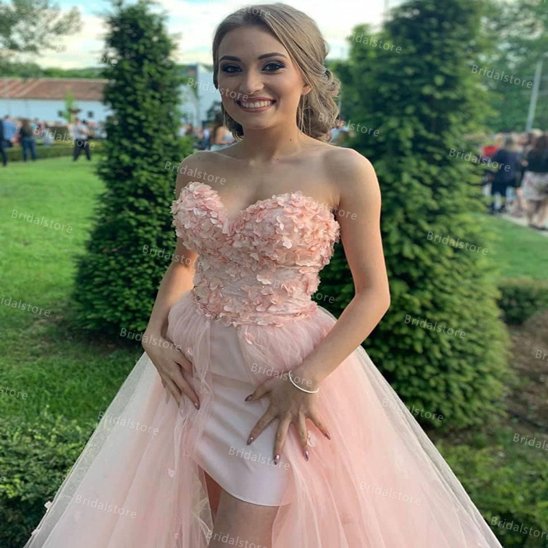 Sexy High Low Pink Floral Prom Dresses Sweetheart Overskirt Short Women Graduation Ceremony Evening Dress 2021 Tulle Formal Party Boho Dress