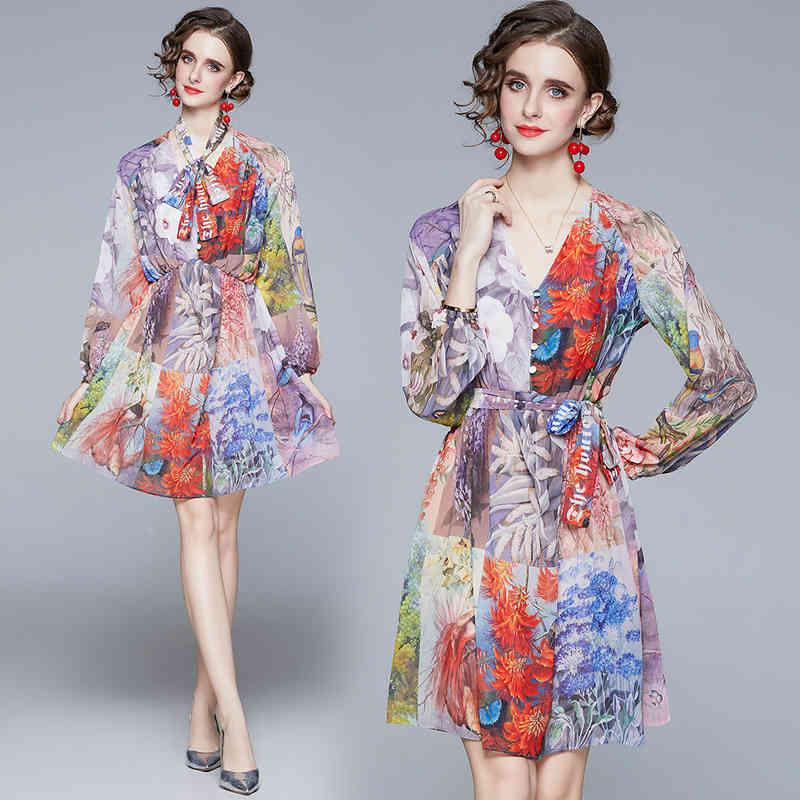 early spring V-neck puff sleeves gentle goddess temperament printed elegant short skirt waist slimming dress 210525, Photo color
early spring V-neck puff sleeves gentle goddess temperament printed elegant short skirt waist slimming dress 210525, Photo color