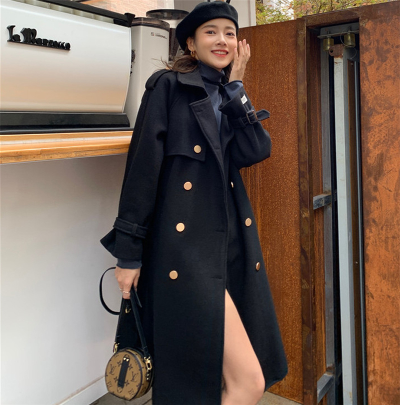 High Quality Winter Wool Blends Coat Belt Female Long Houndstooth Over The Knee Woolen Overcoat paszcz damski manteau femme 210218