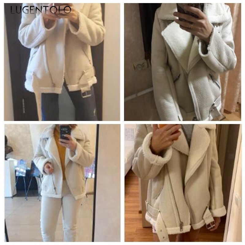 Lugentolo Leather Jacket Women Winter Lamb Wool Turndown Fur Collar Long Sleeve PU Moto Zipper Keep Warm Thick Coat T200811