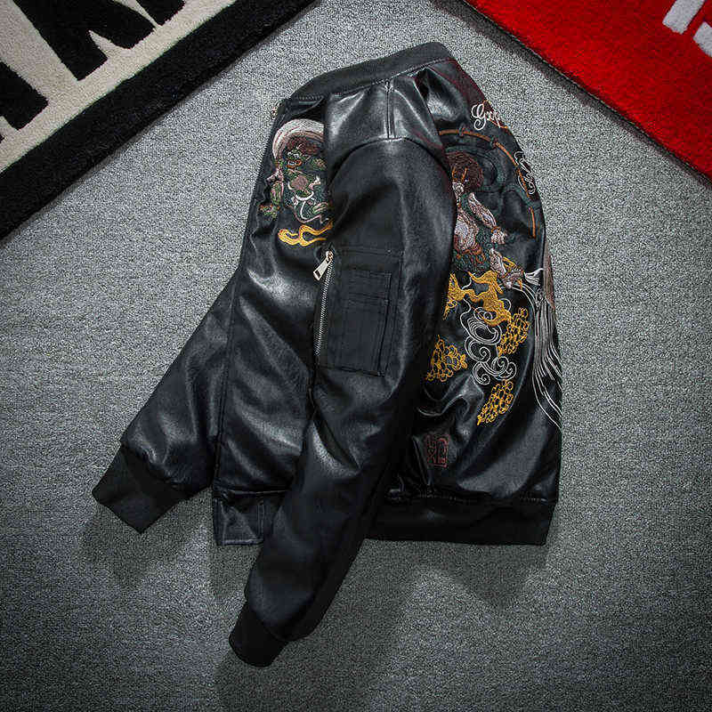 PU Faux Leather Jacket Men Winter Warm Ghost Embroidered Coat Man Cotton Padded Long Sleeve Zipper Hip Hop Baseball Cloth MA-1 211111