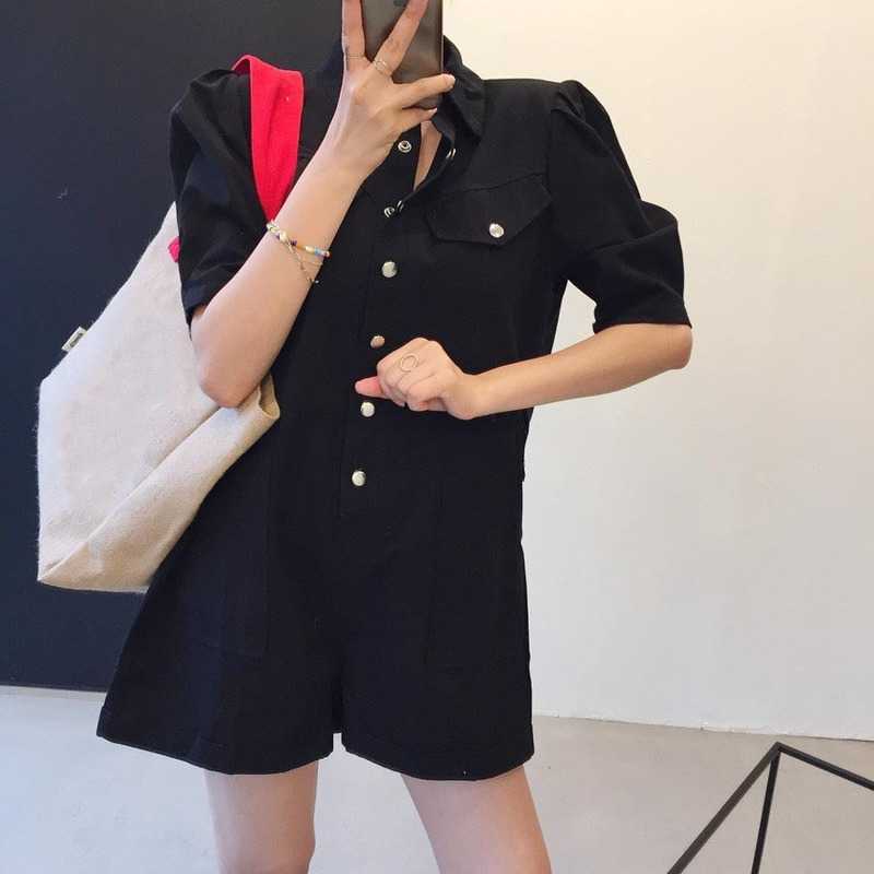 Korejpaa Women Jumpsuit Korea Chic Wild Lapel Metal Single-breasted Loose Ring Belt Multi-pocket Tooling Short Rompers 210526