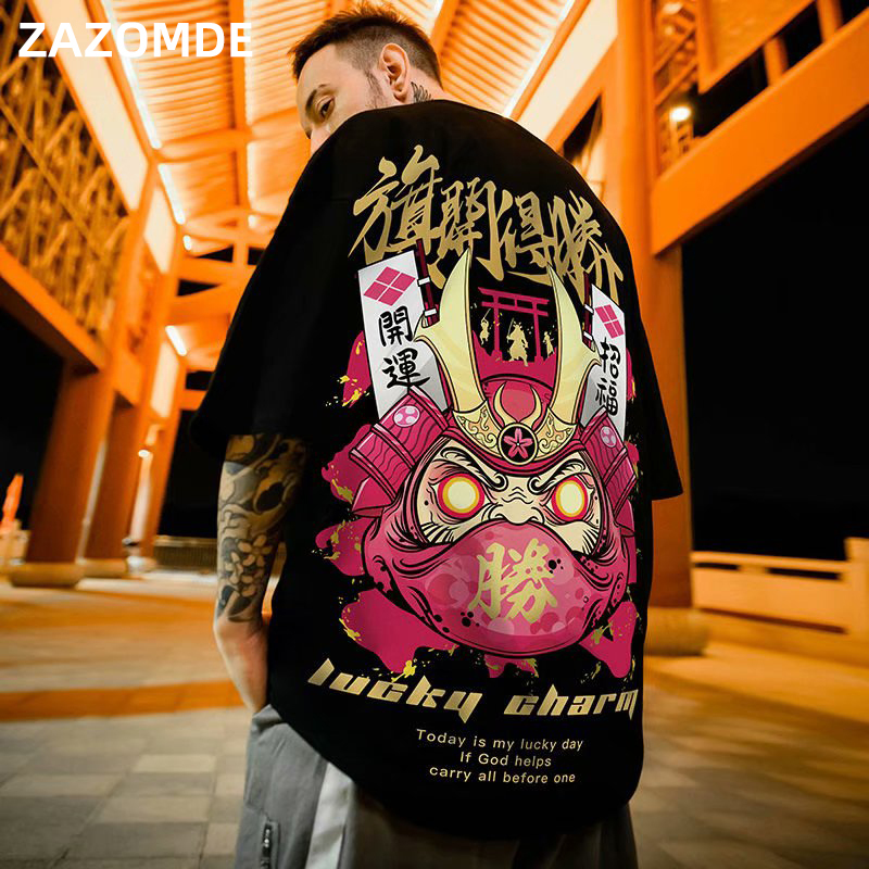 Men's T-Shirts Chinese Style Lucky Printed Short Sleeve Tshirts Summer Hip Hop Casual Cotton Tops Tees Streetwear 210225