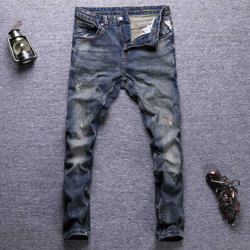 Italian Style Fashion Men Jeans Distred Retro Blue Elastic Slim Fit Ripped Embroidery Designer Vintage Denim Pants 0NZ5, Retro dark blue
Italian Style Fashion Men Jeans Distred Retro Blue Elastic Slim Fit Ripped Embroidery Designer Vintage Denim Pants 0NZ5, Retro dark blue