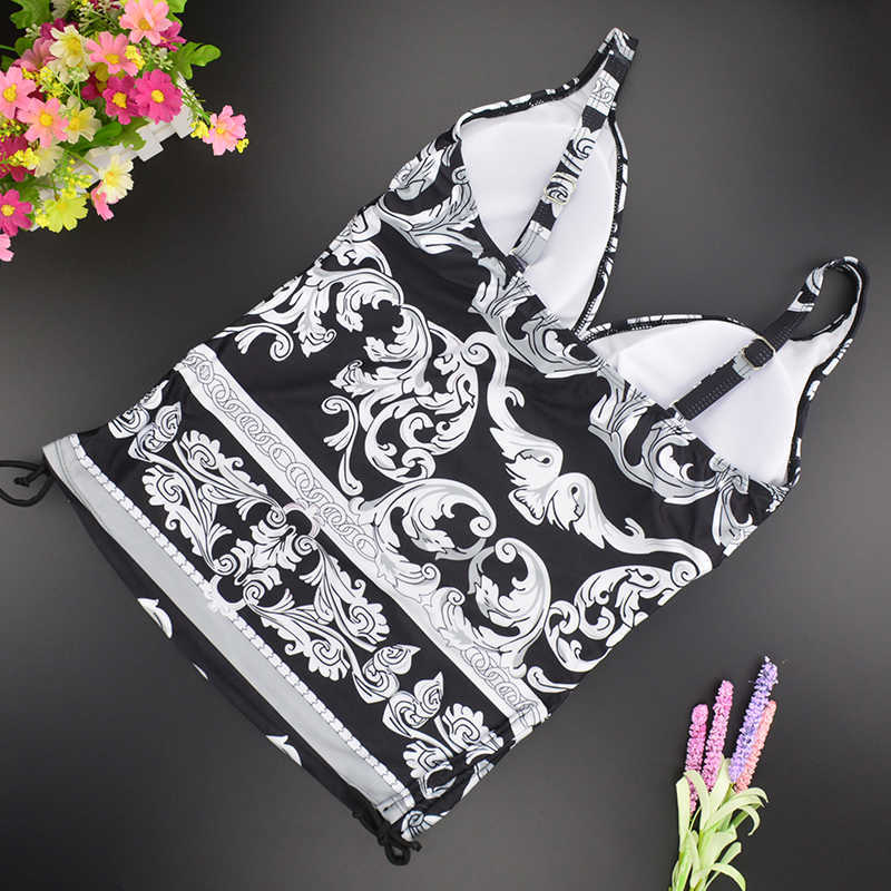 Two Piece Swimwear Women Plus Size Tankini Swimsuits with Shorts V neck Tankinis Set Swim Wear Black Print Bathing Suit 2XL 210611