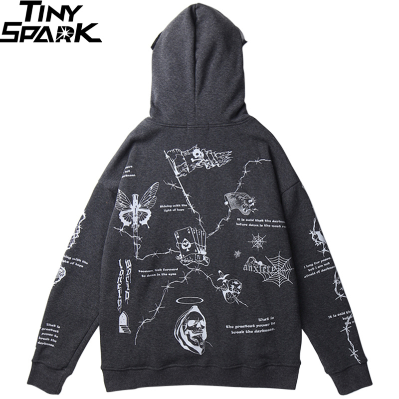 Hip Hop Hoodie Sweatshirt Men Streetwear Skull Graffiti Print Hoodie Pullover Cotton Autumn Grey Harajuku Punk Clothes New 201104