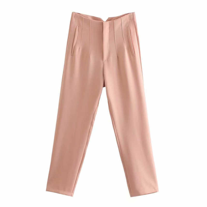 Za Women Trousers Suits High Waisted Pant Spring Fashion Office Lady Beige Elegant Casual Pants Pantalon Pour Femme 211006