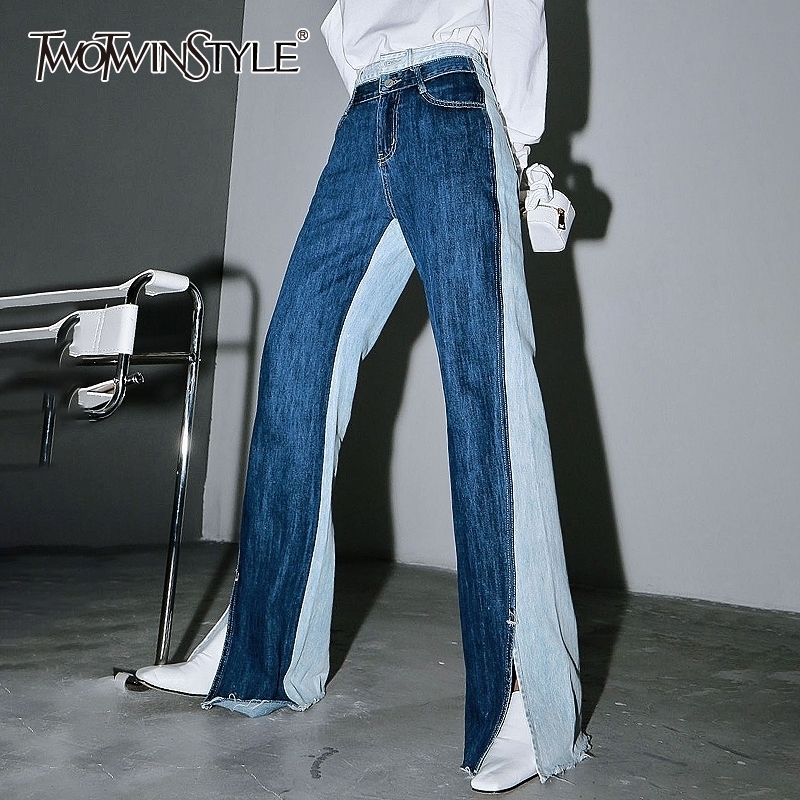 TWOTWINSTYLE Vintage Patchwork Women Full Length Pants High Waist Hit Color Side Split Loose Wide Leg Pant For Female Fashion 210222