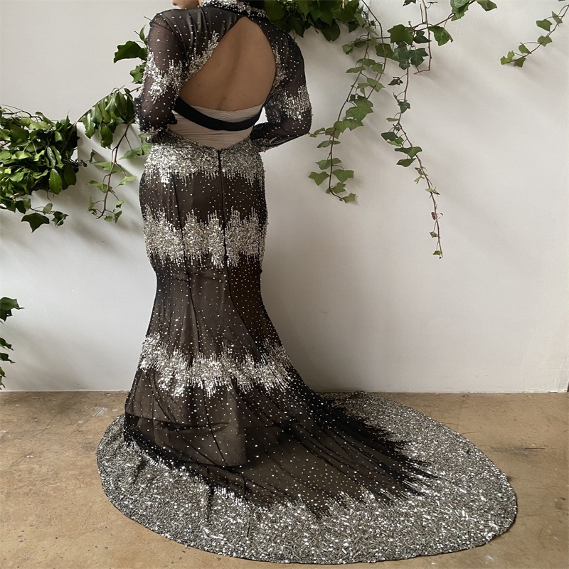 Luxury Sliver Mermaid Prom Dresses Real Image Long Sleeves Evening Dresses Sequins Beads Appliqued Sweep Train Custom Made Pageant Gown