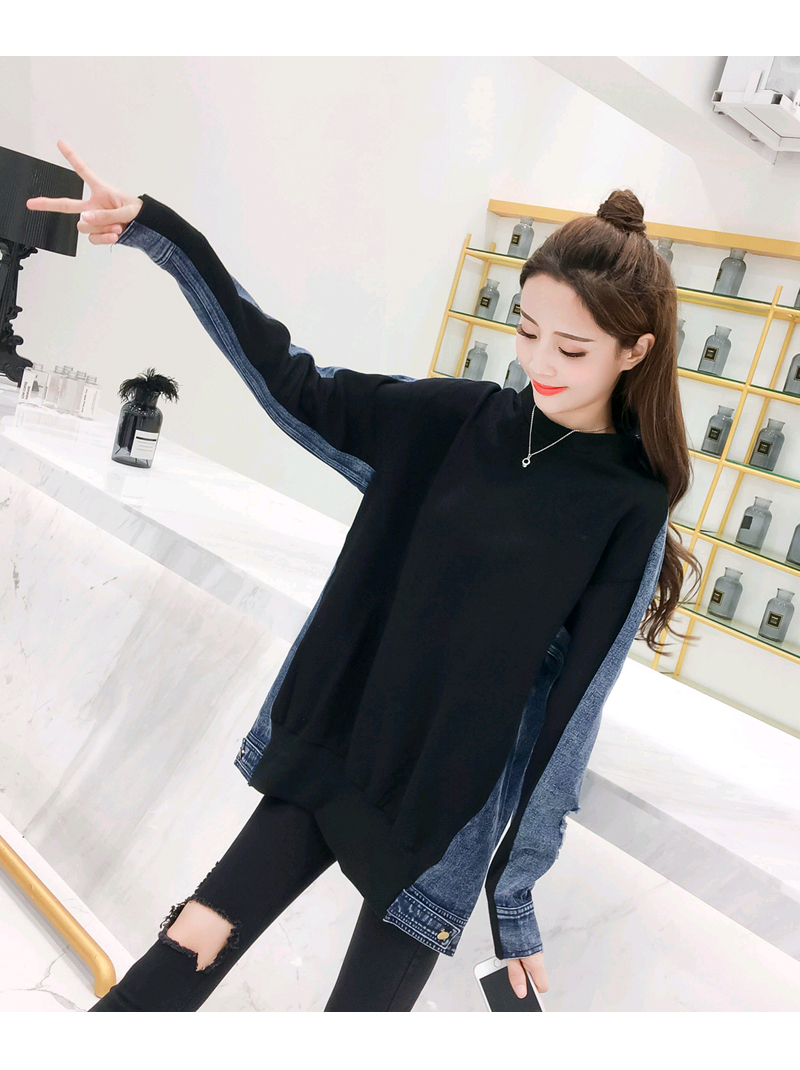 Chic Women Denim Patchwork Cotton Sweatshirts Female Loose Casual Denim Sweatshirts Female Denim Patchwork Cotton Pullovers Tops 201030