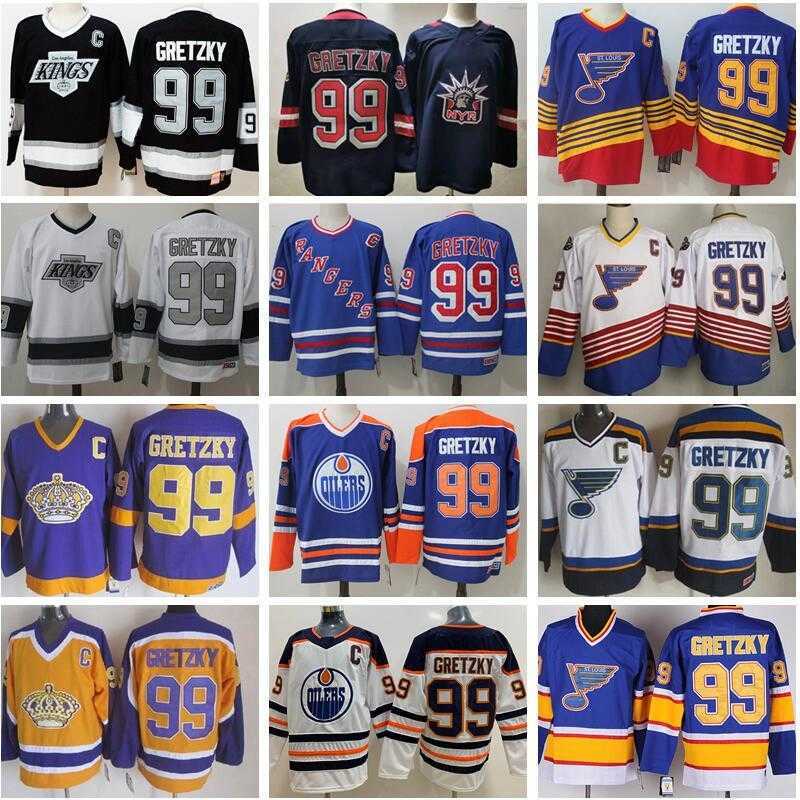 Ice Hockey 99 Wayne Gretzky Jersey Men New York Rangers St Louis Blues LA Los Angeles Kings Edmonton Oilers Blue White Retro Vintage