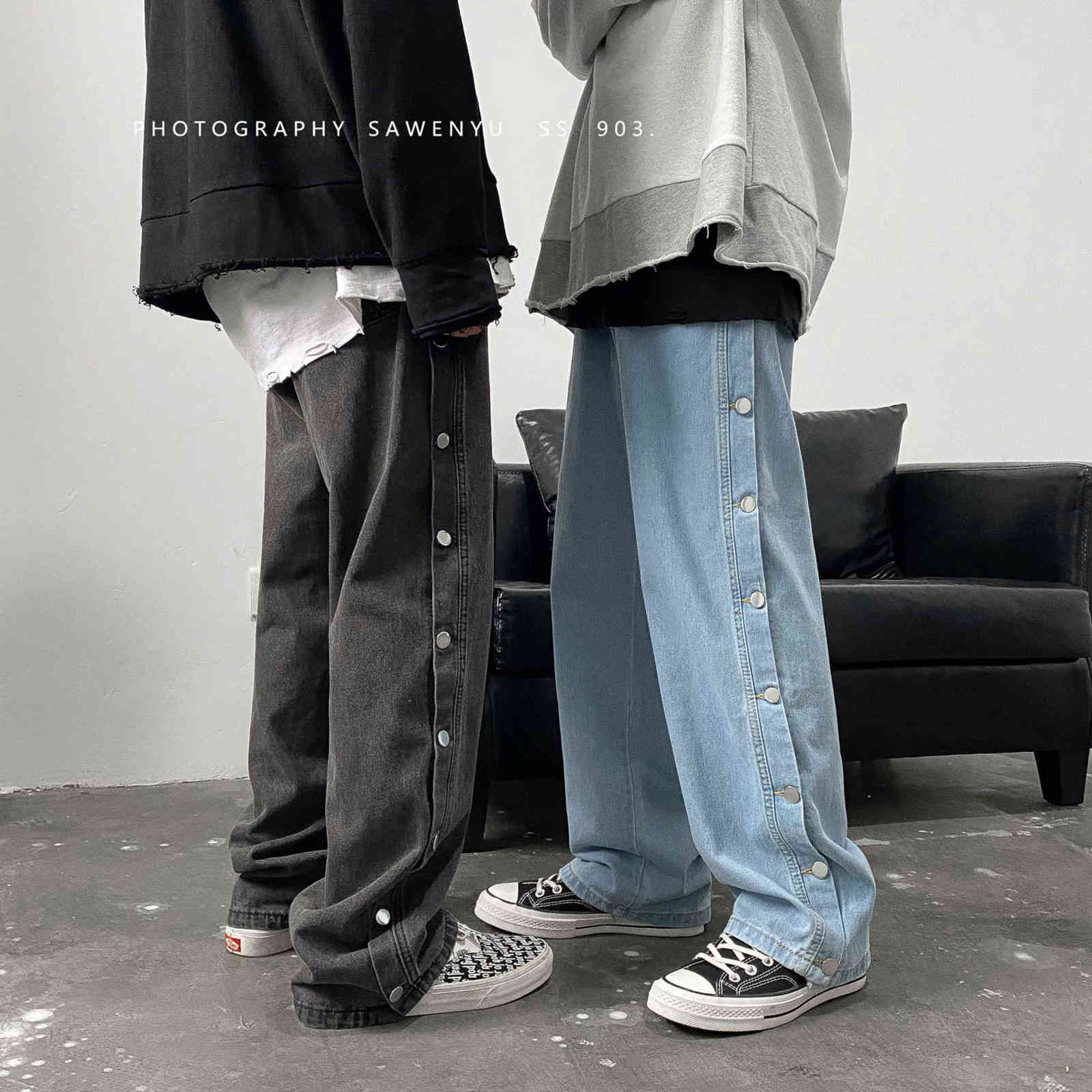 Double Side Button Straight Jeans Men Fashion Streetwear Loose Casual Hip Hop Trousers Wide Leg Harajuku Cargo Pants 211111