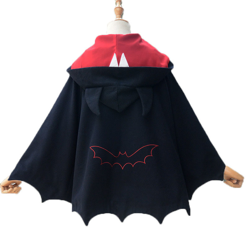 Fleece Poncho Hoodie Cloak Coat Winter Women Halloween Gothic Punk Black Devil Bat Wing Demon Costume Lolita Ouji Hood For Girls 201113