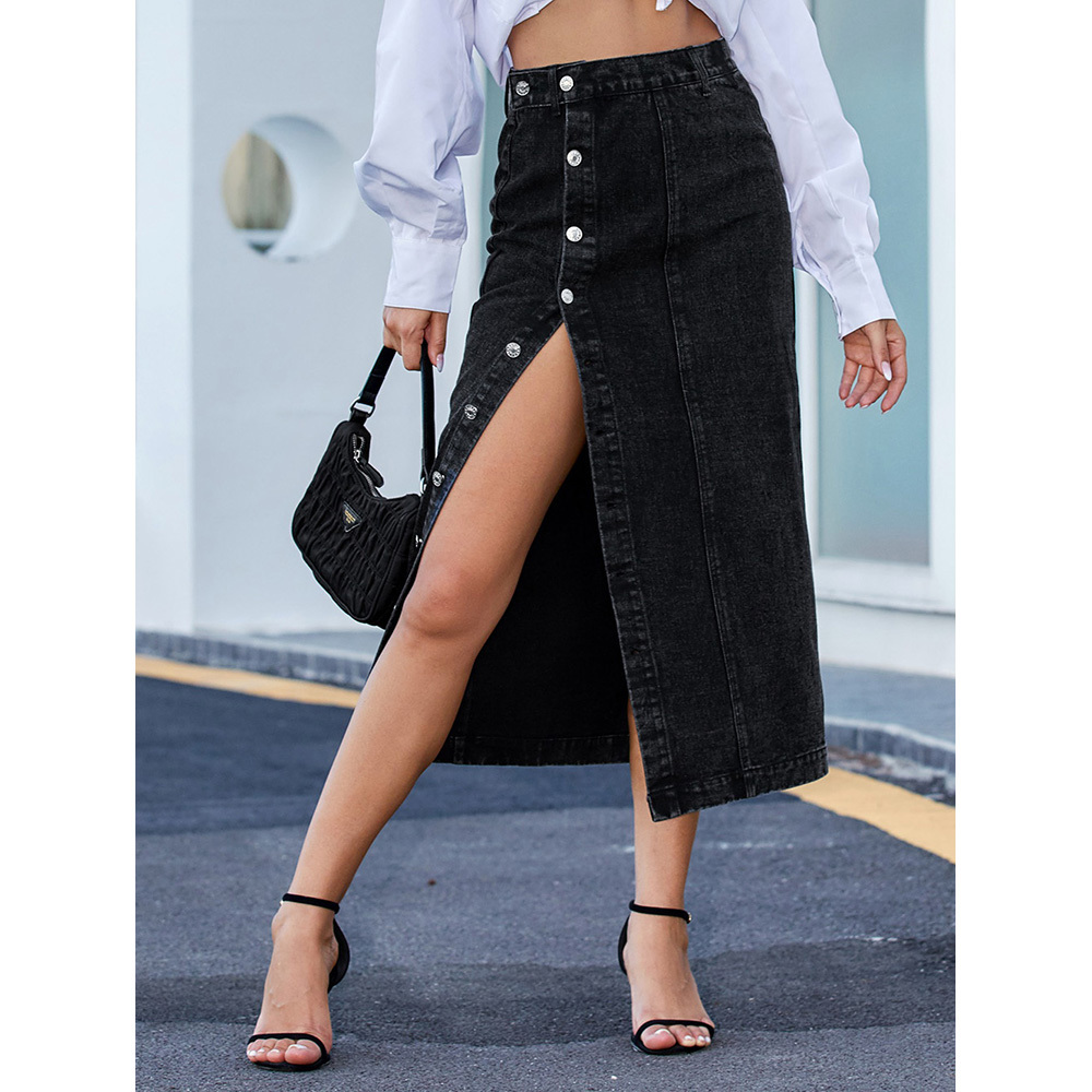 Denim Skirt Fashion Button Irregular Slit Skirts High Waist MidLength Sexy Denim Casual Women Skirts 210306