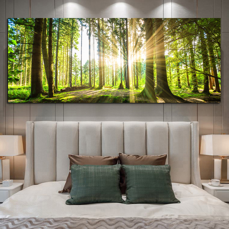 Modern Big Size Canvas Painting Natural Green Tree Forest Sunset Landscape Posters and Prints Wall Art Picture For Living Room