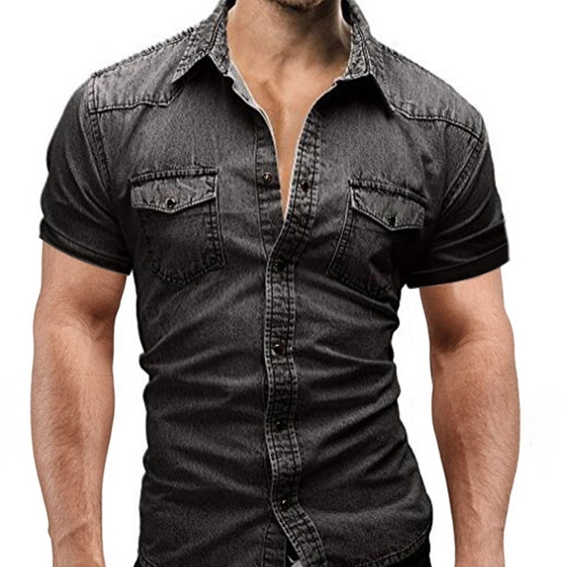 HaiFux New Men Jeans Shirts Summer Cotton Water Washing Male Tops Short Sleeve Flower Print Denim Shirt Men