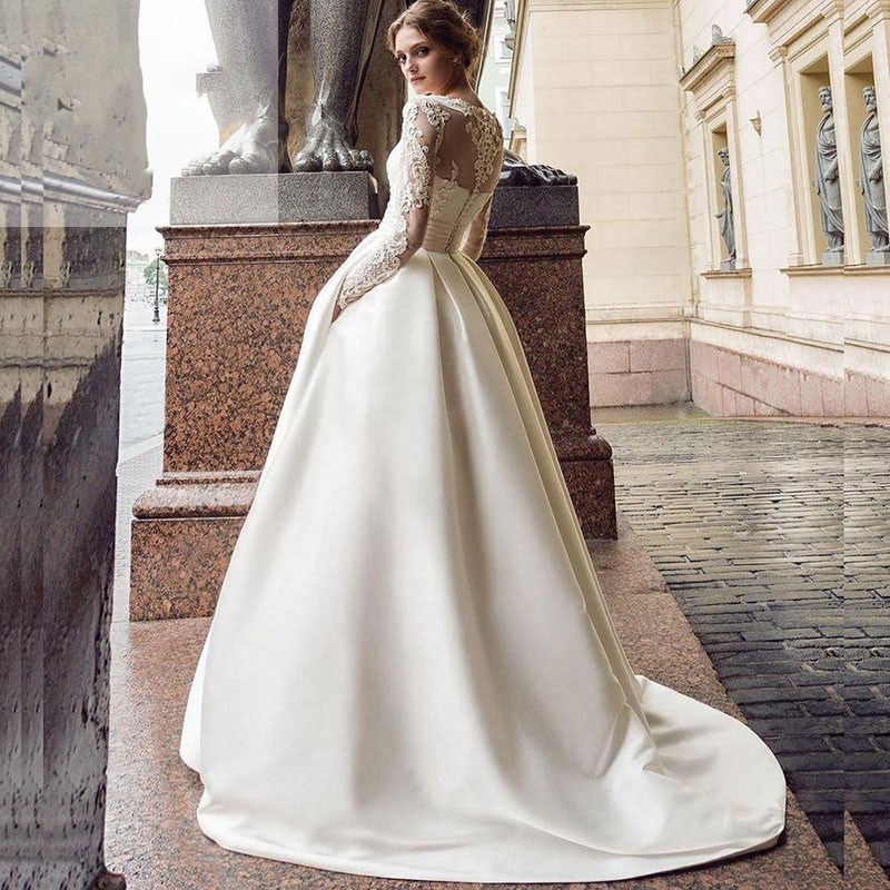 Simple Lace Satin Wedding Dresses With Pocket Long Sleeves Zipper Sheer Back Vintage Ivory Bride Dress A-e Robe Mariee Dentelle