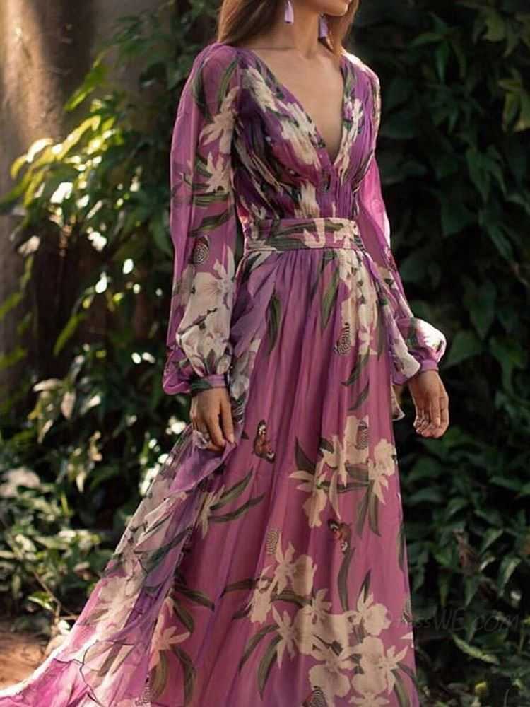 Women Dress Deep V Neck Puff Sleeve Print es Long Large Hem Bohemia Sexy Floral Maxi es 210524