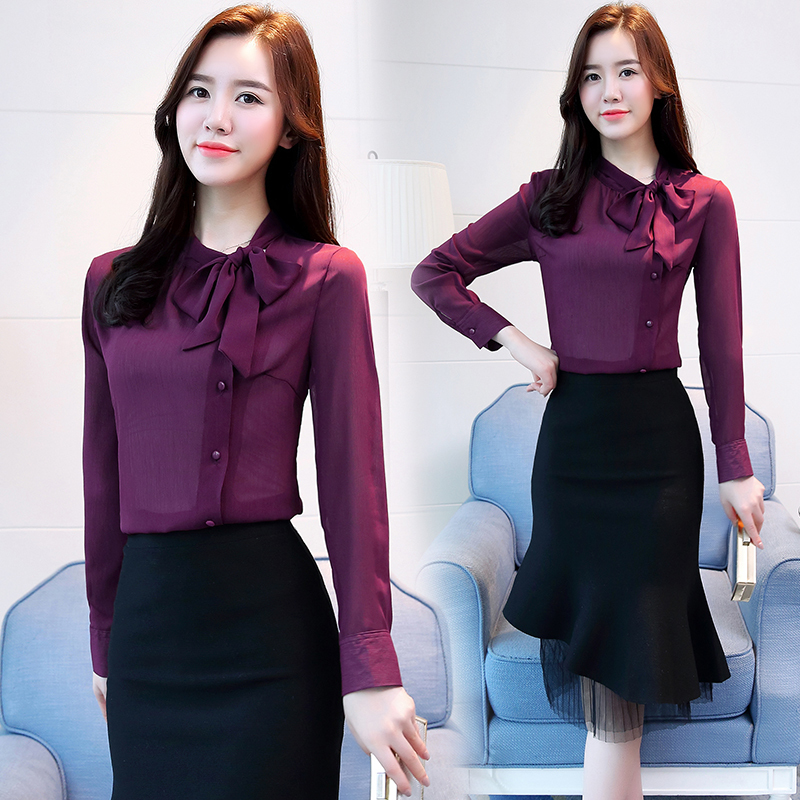 Bow Neck Women's Clothing Spring New Long-sleeved chiffon Women blouse shirt solid purple formal women tops blusas 210H 210225