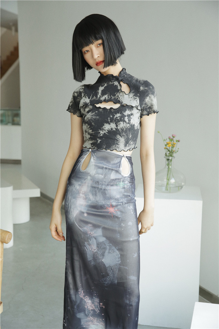 CHEERART Vintage Hollow Out High Waist Pencil Skirt Summer Print Layer Mesh Long Midi Skirt Grey Bodycon Ladies Skirt 210306