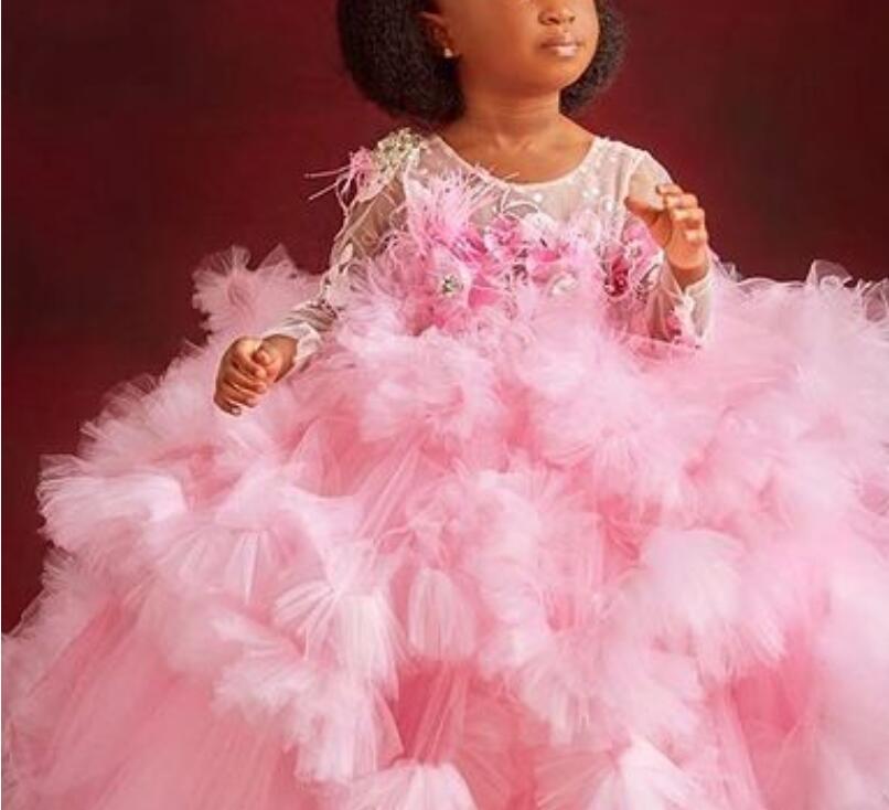 luxurious pink flower girl dresses sheer neck feather little girl wedding dresses cheap communion pageant dresses gowns zj737