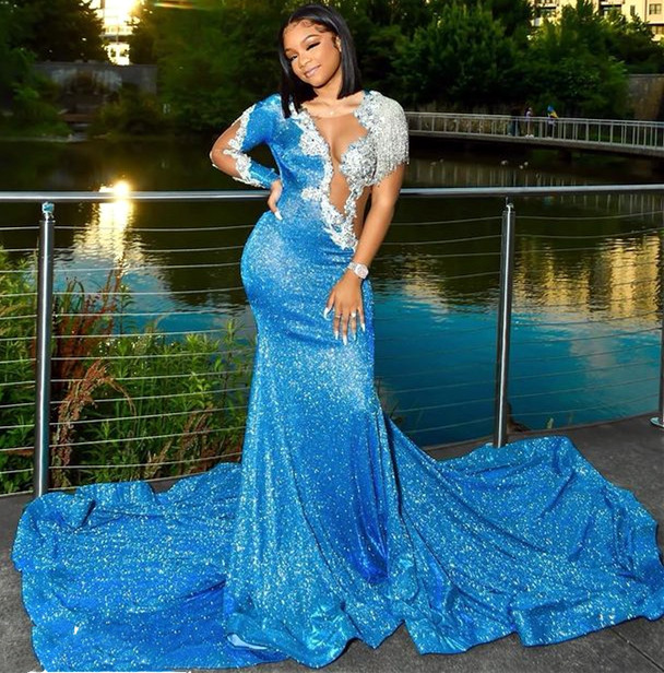 2021 Plus Size Arabic Aso Ebi Blue Sequined Mermaid Prom Dresses Lace Beaded Backless Evening Formal Party Second Reception Gowns Dress ZJ665