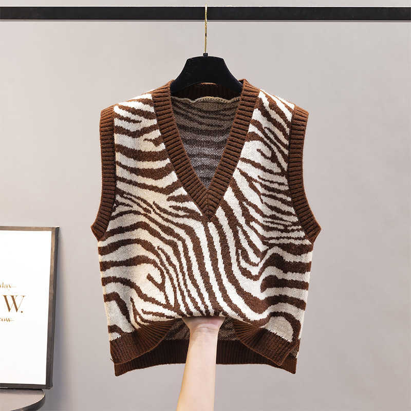 V-Neck Knitted Vest Women Korean Fashion Zebra Pattern Sleeveless Sweaters Waistcoat for Outwear Spring Autumn 210819