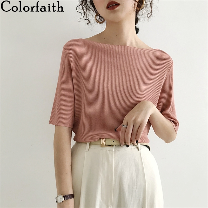 Colorfaith New Women Summer T-Shirts Solid Multi 6 Colors Bottoming Casual Slash Neck Knitting Elasticity Wild Tops T1608 210306
