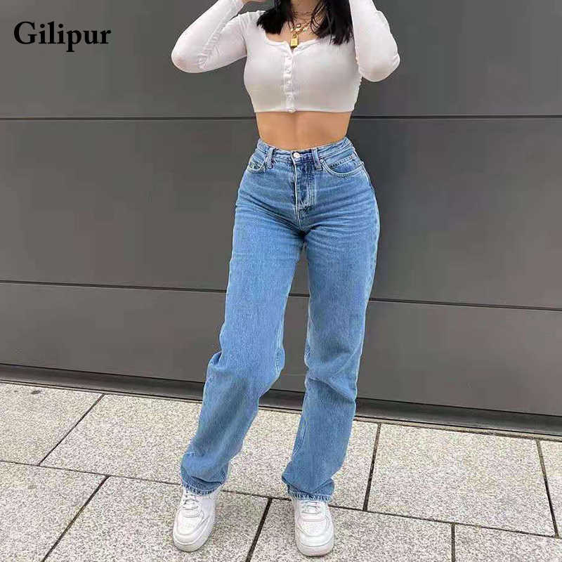Jeans Women Fashion Mom Straight Leg Pants Washed Blue Casual Long Denim Trousers High Waist Streetwear 210922