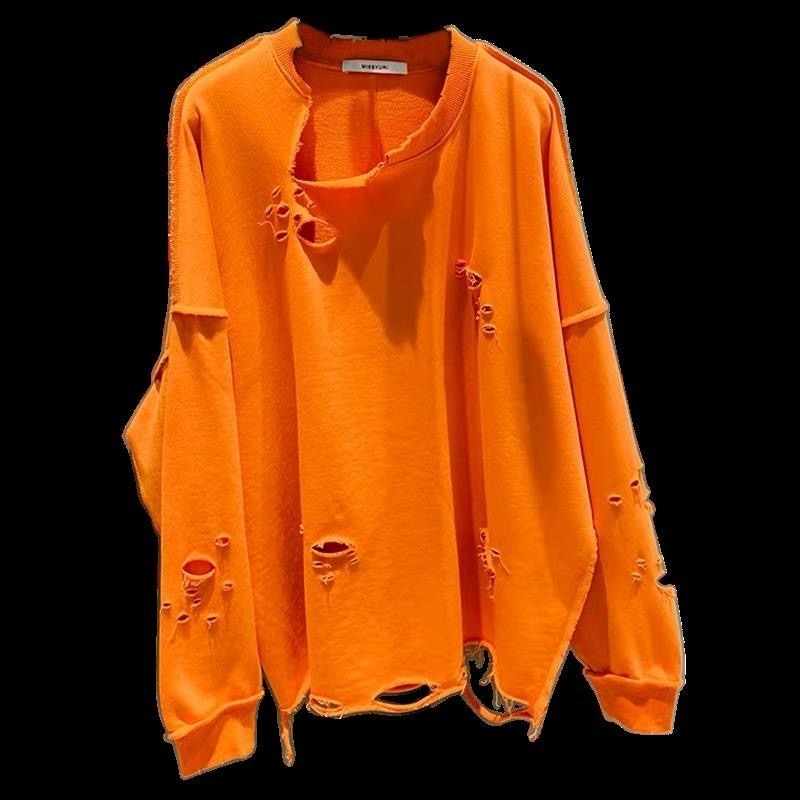 Korean Loose Pullover Shirts Women New Ripped Hole BF Loose Round Neck Long Sleeve Mid Length Top Casual Hoodie 210302