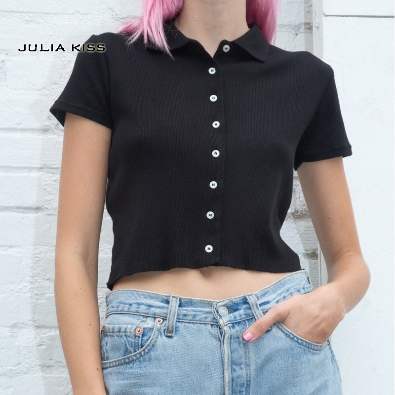 Women Short Sleeve Collared Button Up Crop Top Opaque Buttons T-shirt 210302