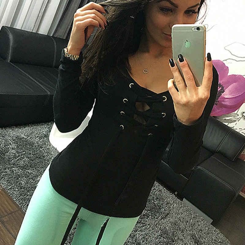 Sexy Casual Kawaii Hoodies Sweatshirts Women Fashion Long Sleeve V-neck Bandage Hoodies Shirts Casual Sexy Women Tops LJ201130