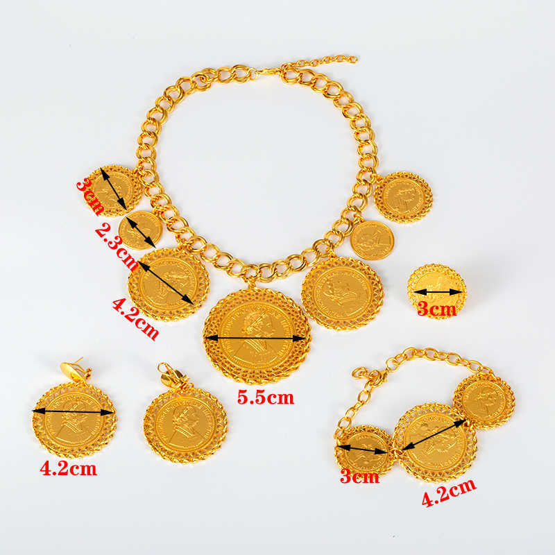 Coin Necklace/Earring/Ring/Bracelet Jewelry Sets For Women Gold Color Coins Arabic/African Bridal Turkey Wedding Gifts 210720