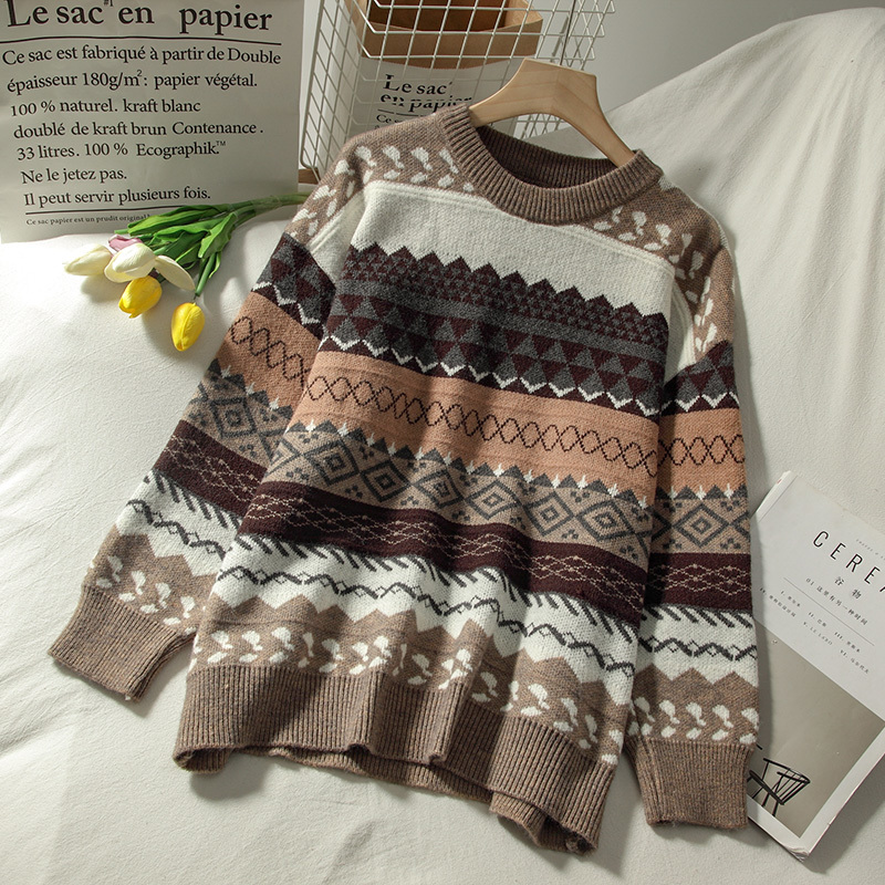 Ezgaga Argyle Sweater Women O-Neck Loose Graphic Tops Autumn New Long Sleeve Pullover Knitting Sweaters Vintage Streetwear 210218